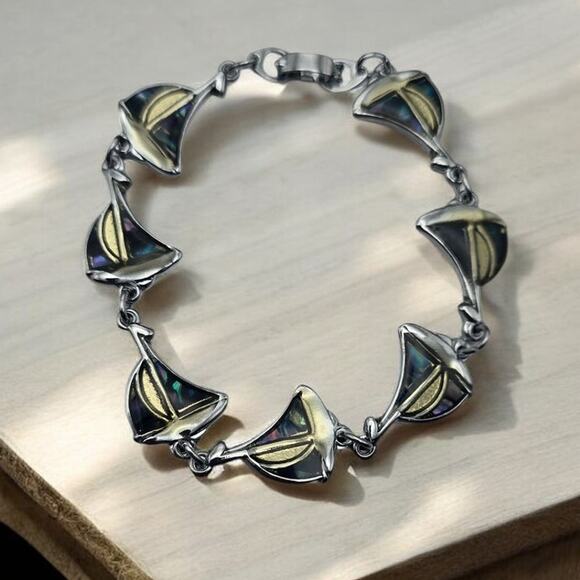 Shell Abalone Inlay Sailboat Silver Bracelet - Picture 4 of 6